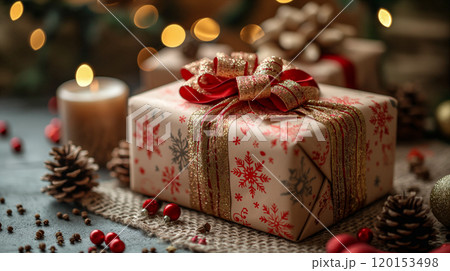 Christmas gift with bow with festive ornaments on cozy table, holiday background. Generative AI 120153498