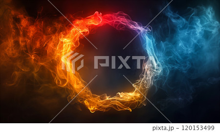 Vibrant neon flame circle with blue and orange colors on a black background. Generative AI 120153499