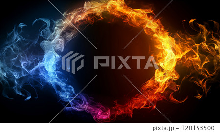 Vibrant neon flame circle with blue and orange colors on a black background. Generative AI 120153500