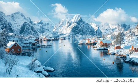 Cozy red cabins along snowy harbor at dusk during winter in picturesque landscape. Generative AI 120153503