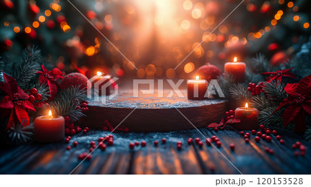 Festive Christmas podium with poinsettias at winter holiday celebration background. Generative AI Festive Christmas podium with poinsettias at winter holiday celebration background. Generative AI 120153528