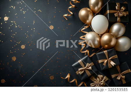 Elegant celebration flat lay background with gifts and balloons on dark background. Generative AI 120153585