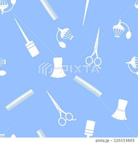 Vector Silhouettes of hairdressing accessories isolated on blue background. Hairdresser tool. Scissors, comb, hairbrush for barbershop 120153605