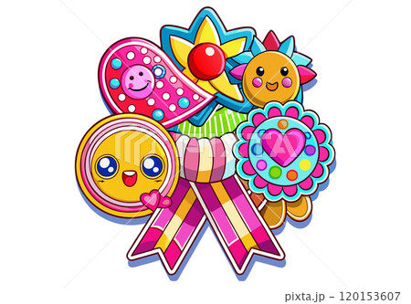 Award badge with ribbon for child. Playful kids reward for the achievement, in kawaii style 120153607