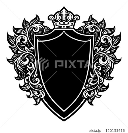 Heraldic shield with royal floral ornament. Vintage crest sign or coat of arms 120153616