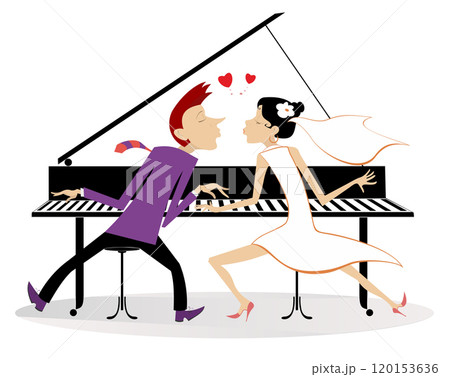 Happy wedding couple play piano by four hands. Love couple. Wedding couple play piano by four hands and kissing. Happy lovers characters Happy wedding couple play piano by four hands. Love couple. Wedding couple play piano by four hands and kissing. Happy lovers characters 120153636