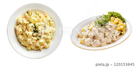 Set of isolated traditional Christmas menu, classic potato salad in a white plate on a transparent background. Top and isometric view. AI generated. Set of isolated traditional Christmas menu, classic potato salad in a white plate on a transparent background. Top and isometric view. AI generated. 120153645