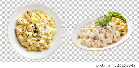 Set of isolated traditional Christmas menu, classic potato salad in a white plate on a transparent background. Top and isometric view. AI generated. Set of isolated traditional Christmas menu, classic potato salad in a white plate on a transparent background. Top and isometric view. AI generated. 120153645
