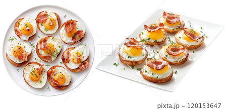 Set of isolated traditional Christmas menu, egg and bacon canapes in a white plate on a transparent background. Isometric view. AI generated. 120153647
