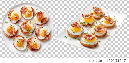 Set of isolated traditional Christmas menu, egg and bacon canapes in a white plate on a transparent background. Isometric view. AI generated. 120153647