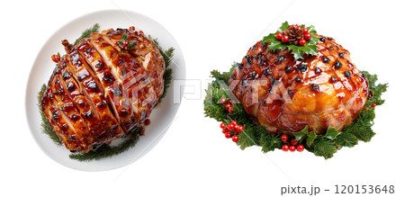 Set of isolated traditional Christmas menu, Honey glazed ham in a white plate on a transparent background. Isometric and top view. AI generated. 120153648