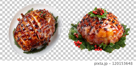 Set of isolated traditional Christmas menu, Honey glazed ham in a white plate on a transparent background. Isometric and top view. AI generated. 120153648