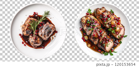 Set of isolated traditional Christmas menu, Roasted pork shoulder with pomegranate on a white plate on a transparent background. Top view. AI generated. Set of isolated traditional Christmas menu, Roasted pork shoulder with pomegranate on a white plate on a transparent background. Top view. AI generated. 120153654