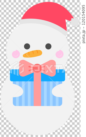Cute Hand Drawn Winter SnowMan holding gift box 120154095