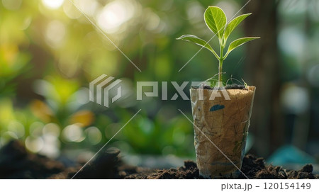 Seedling plant in paper pot, reusable recycling concept. Eco green sustainable living, zero waste, plastic free, reponsible consumption. earth day concept, blurred green background 120154149