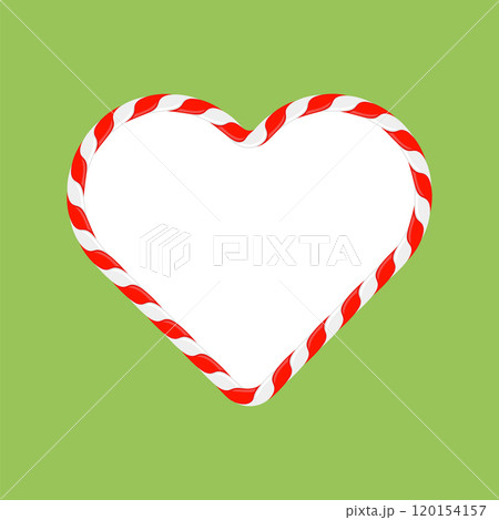 Vector Christmas candy heart frame with red and white stripes on green background. Xmas border. Sweet heart is symbol of love 120154157