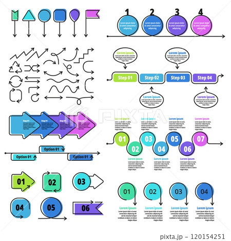 Arrow infographic elements. Step by step guide, timeline and process diagram templates and graphics with arrows, numbered options and pointers vector set Arrow infographic elements. Step by step guide, timeline and process diagram templates and graphics with arrows, numbered options and pointers vector set 120154251