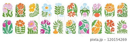 Abstract floral arch. Hand drawn botanical flowers, groovy plants with blooming flower, wavy leaves and decorative vases. Playful retro springtime doodle vector illustration set 120154269