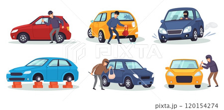 Car theft. Burglars stealing cars, drive stolen auto, thieves break glass and breaking into vehicles to steal bag. Car crime cartoon vector illustration set 120154274