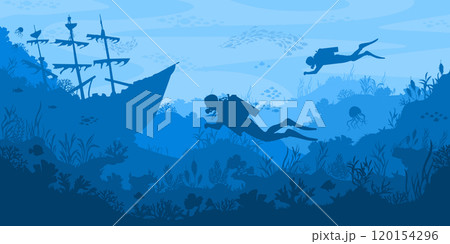 Diving silhouette landscape. Underwater adventure with scuba divers exploring marine life, sunken ship and coral reef. Deep sea exploration layered aquarium background vector illustration Diving silhouette landscape. Underwater adventure with scuba divers exploring marine life, sunken ship and coral reef. Deep sea exploration layered aquarium background vector illustration 120154296