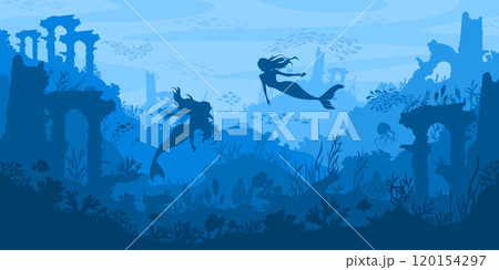 Mermaid sea landscape. Atlantis underwater ancient ruins, mystical ocean fantasy world with coral reef and marine life. Layered silhouette vector background illustration Mermaid sea landscape. Atlantis underwater ancient ruins, mystical ocean fantasy world with coral reef and marine life. Layered silhouette vector background illustration 120154297