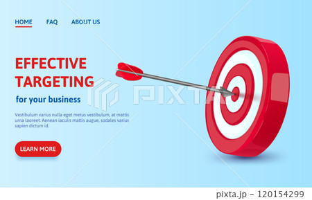 Effective targeting for business. Red bullseye target with bow arrow concept for target audience reach and marketing solutions. Banner template or landing page 3D vector illustration 120154299