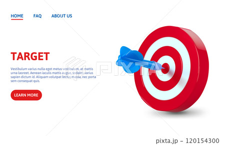 Dart arrow hit dartboard. Red and white bullseye target concept for goal achievement and focus in business strategy. Targeting banner template or landing page 3D vector illustration 120154300