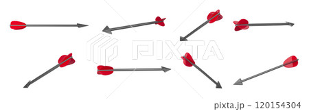 Bow arrows. Sharp point archery arrow with red fletching, arrowhead weapon pointer various 3D angles realistic isolated vector illustration collection 120154304