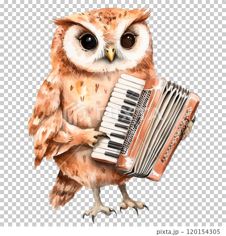 Watercolor illustration of a charming owl playing the accordion on a transparent background. Ideal for music-themed projects, children illustrations, woodland scenes, and animal character designs. 120154305