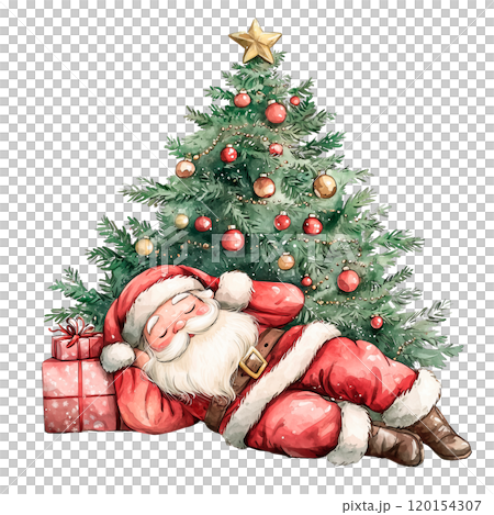 Watercolor illustration of Santa Claus sleeping beside a decorated Christmas tree with a gift box on a transparent background. Perfect for holiday cards, festive decorations. Watercolor illustration of Santa Claus sleeping beside a decorated Christmas tree with a gift box on a transparent background. Perfect for holiday cards, festive decorations. 120154307