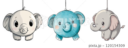 A set of christmas tree ornament in the shape of a cute animal isolated on a transparent background.Watercolor-style illustration of a round-shaped, adorable elephant hanging on string. 120154309