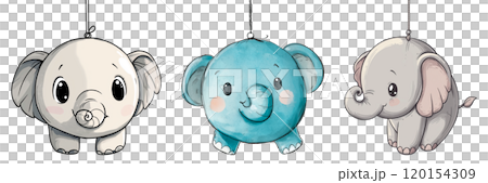 A set of christmas tree ornament in the shape of a cute animal isolated on a transparent background.Watercolor-style illustration of a round-shaped, adorable elephant hanging on string. 120154309