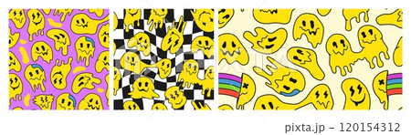 Trippy smile pattern. Retro psychedelic emoji faces in acid rave or Y2K aesthetic, drippy melted blob face and funny smiling seamless patterns vector illustration set Trippy smile pattern. Retro psychedelic emoji faces in acid rave or Y2K aesthetic, drippy melted blob face and funny smiling seamless patterns vector illustration set 120154312