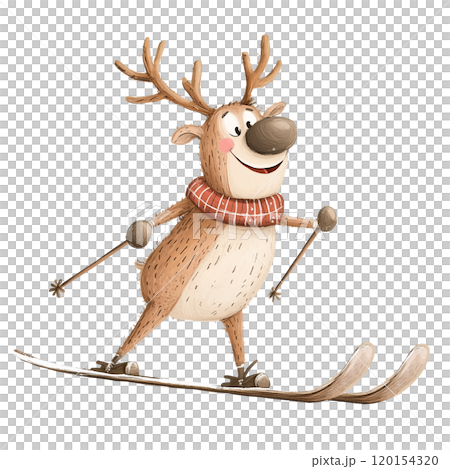 Reindeer skiing on a transparent background. Winter character, festive fun, skiing adventure, holiday sports, winter activities, joyful holiday vibes, cozy illustration, snowy joy. 120154320