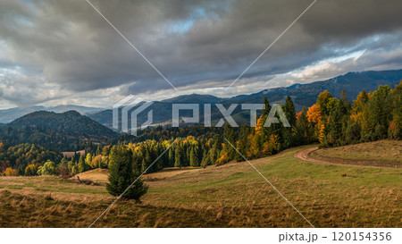Scenic Autumn Landscape with Rolling Hills and Forests, Pieniny, Poland Scenic Autumn Landscape with Rolling Hills and Forests, Pieniny, Poland 120154356