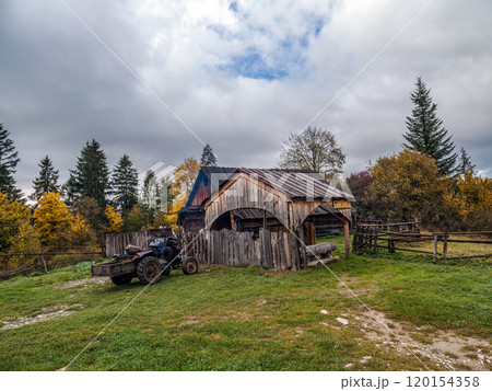 Rustic Wooden Shepher's Hut in Scenic Autumn Countryside Setting 120154358