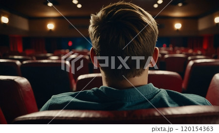 A young man watches a movie in a cinema. rear view 120154363