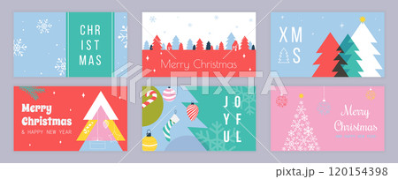 Merry Christmas cover template for social media. Xmas greeting cards with abstract winter forest with snowflakes, pine trees with hanging balls and toys, gift boxes and candy. Vector illustration. 120154398