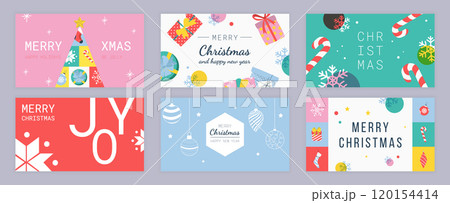 Merry Christmas cover template for social media. Xmas greeting cards with abstract fir trees with decor, hanging socks, candy canes and toy balls, gift boxes, winter snowflakes. Vector illustration. 120154414