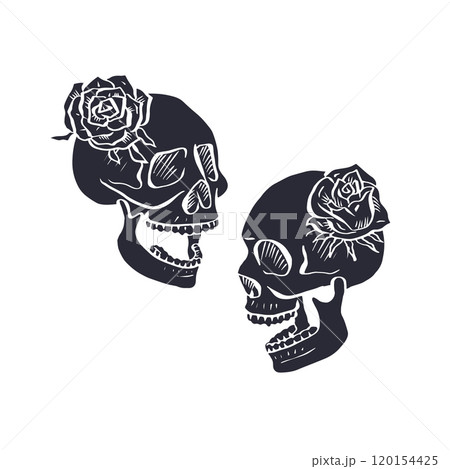 Hand drawn black silhouette floral human skull with rose wreath isolated on white background Hand drawn black silhouette floral human skull with rose wreath isolated on white background 120154425