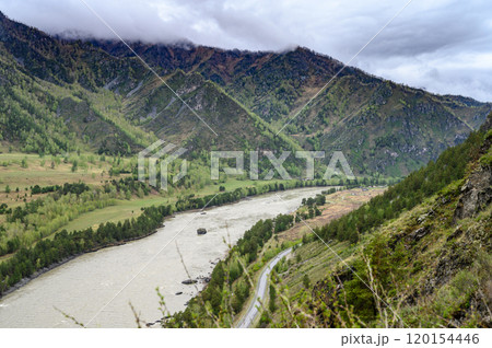 View of the Katun river and Altai mountains. Altai Republic. 120154446