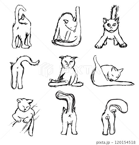 Black and white draw cat icons collection. Set of hand drawn cats, doodle sketchy pets, scribble meow animals 120154518