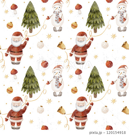 Seamless pattern santa, snowman, christmas tree. Watercolor new year illustration for textiles, fabrics, packaging, clothes, printing, cards 120154918