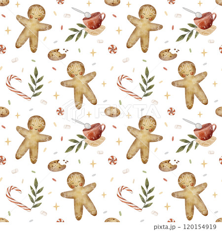 Seamless pattern new year party with gingerbread man, candy cane, lollipops, cookies. Watercolor new year illustration on transparent backgro for textiles, fabrics, packaging, clothes, printing cards 120154919