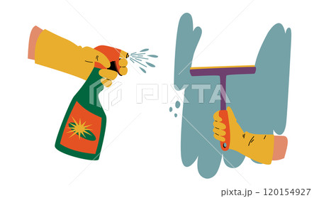 Illustration of window washing. Hands holding detergent and a window mop. Illustration of window washing. Hands holding detergent and a window mop. 120154927