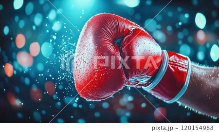 Close-Up of Red Boxing Gloves in Action with Water Droplets 120154988