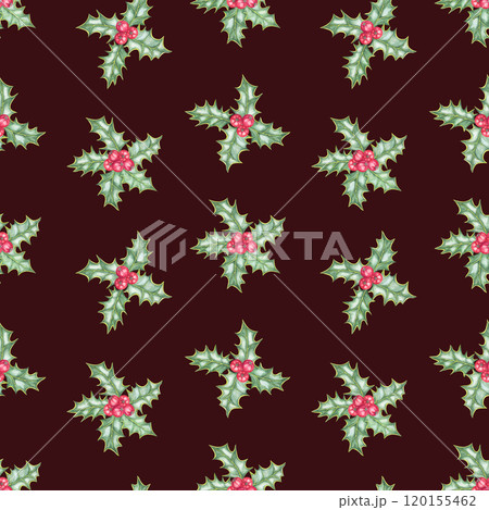 Holly with green leaves and bright red berries in a seamless pattern on dark red background. Ilex watercolor clipart for festive fabric prints, gift packaging, stationery, and holiday merchandise Holly with green leaves and bright red berries in a seamless pattern on dark red background. Ilex watercolor clipart for festive fabric prints, gift packaging, stationery, and holiday merchandise 120155462
