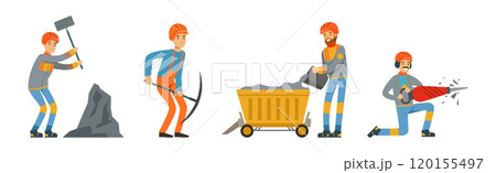Man Miner Character in Uniform and Hard Hat Work Underground Vector Set 120155497
