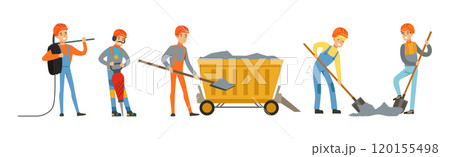 Man Miner Character in Uniform and Hard Hat Work Underground Vector Set 120155498