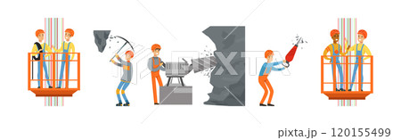 Man Miner Character in Uniform and Hard Hat Work Underground Vector Set 120155499